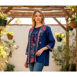 Raj NEW Embroidered Bohemian Tasseled 3/4 Sleeves Top Blouse Size S 100% Cotton